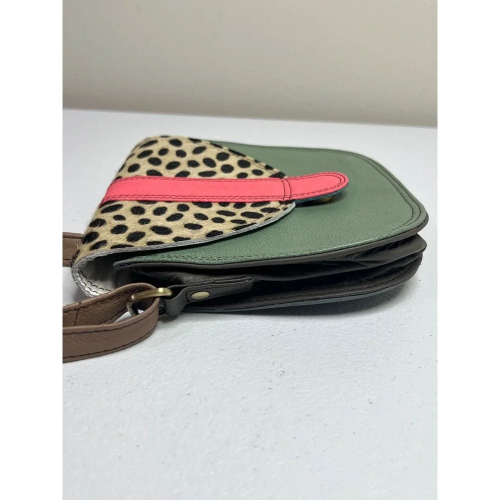 Soruka Ferrara Leather Crossbody Bag Green Pink Calf Hair Animal Print Purse NEW
